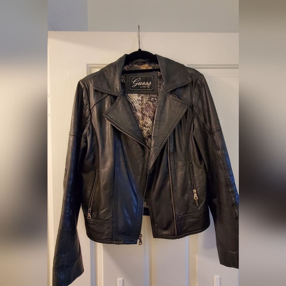 Guess Women's Black Leather Moto Jacket